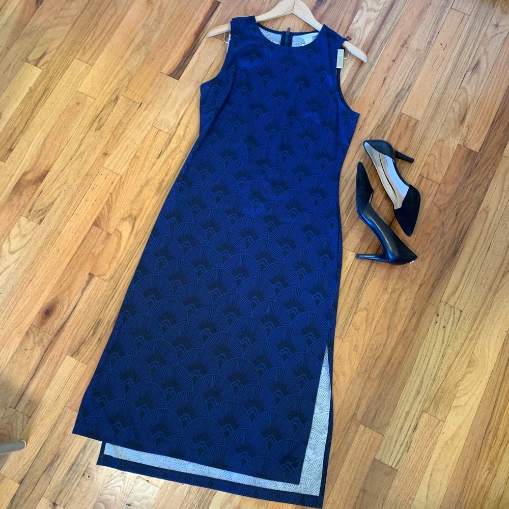 H&M Body Con Midi Dress Blue & Black Pattern Large